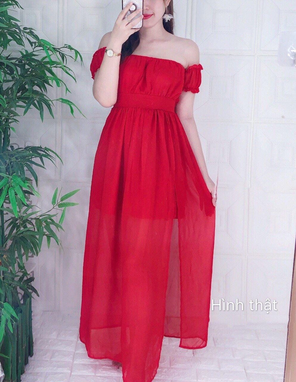 Đầm maxi voan tay rớt 2 lớp xẻ tà chất voan lụa xanh đỏ trắng