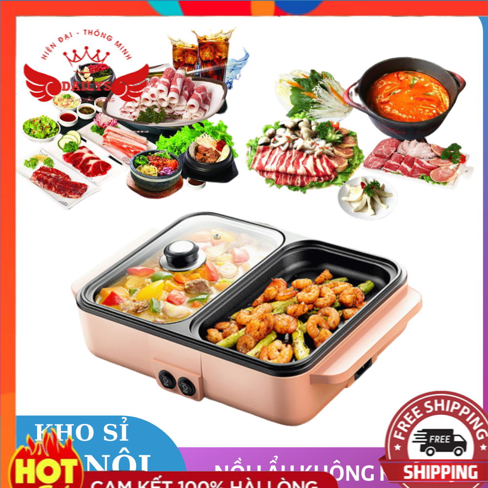 Bếp Lẩu Nướng Mini BBQ 2 Trong 1 Z9 Tiện Dụng Không Khói Chống Dính Phong Cách Hàn Quốc,Nồi Lẩu 2 Ngăn Cao Cấp Dailys
