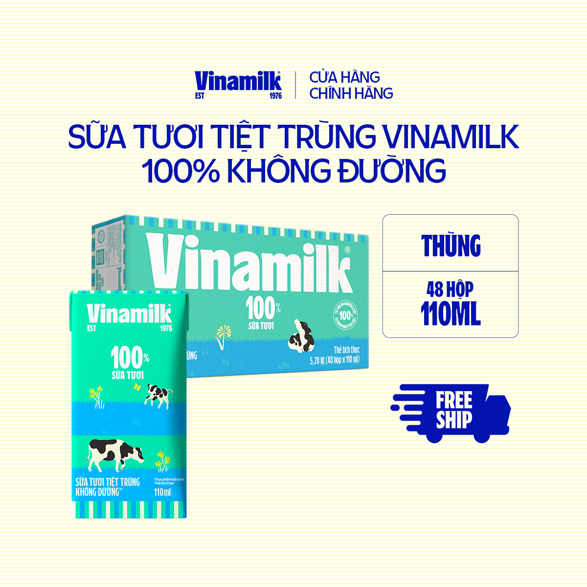 Thùng 48 Hộp Sữa tươi tiệt trùng Vinamilk 100% Không Đường 110ml