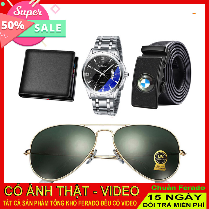 Combo Đồng Hồ Nam Tặng Kèm 1 Ví Da Nam + Kính Mắt Thời Trang Và Dây Thắt Lưng Da