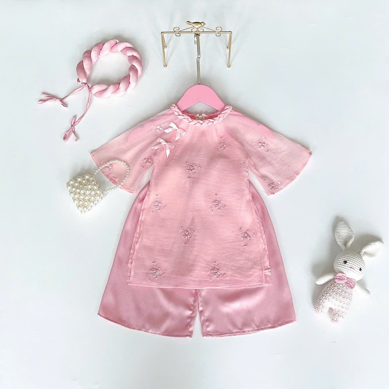 Áo dài cho bé gái và mẹ kèm mấn và chân váy chất liệu cao cấp, Set áo dài bé gái hoa nhí siêu dễ thương Gaostore-M31