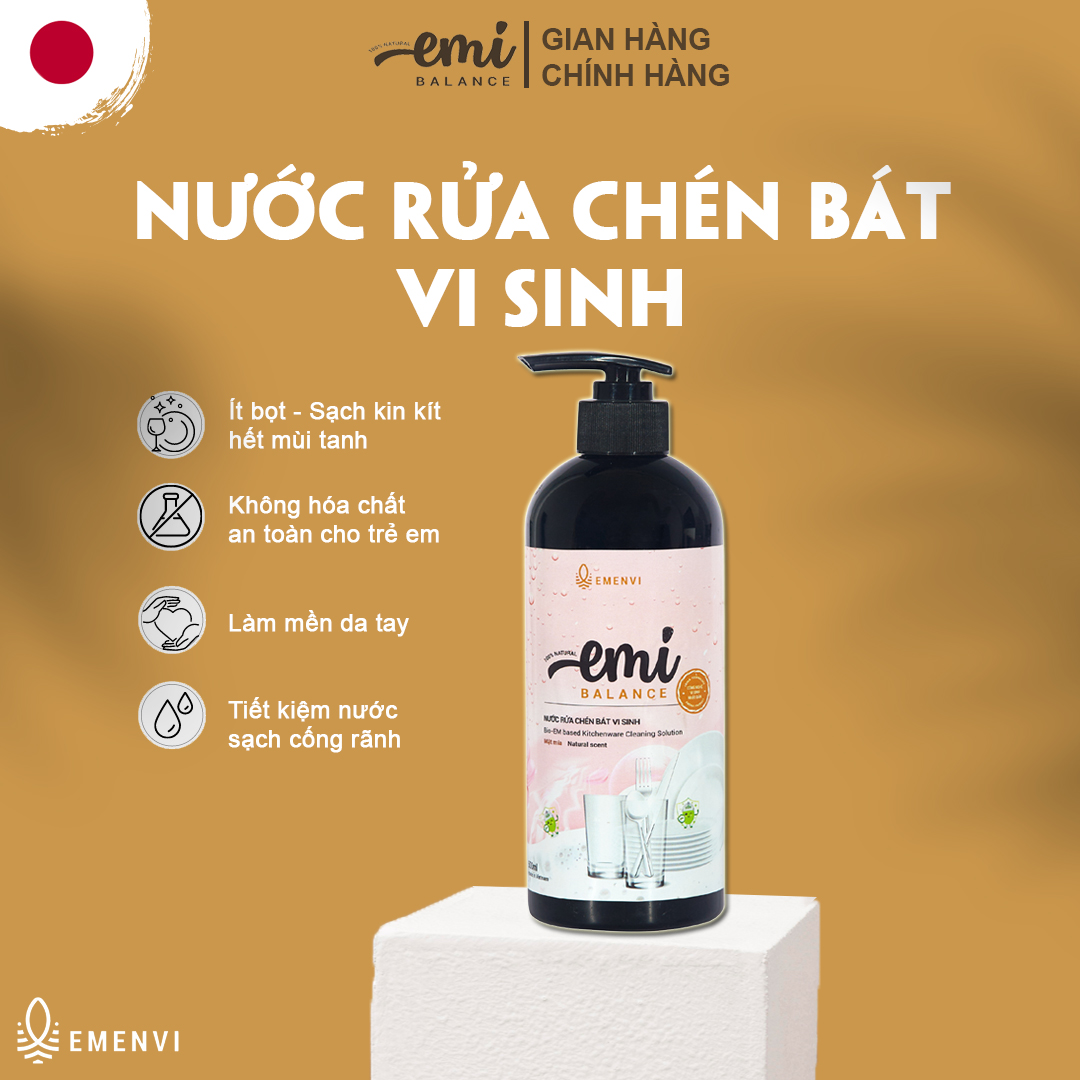 Nước rửa chén bát vi sinh Emi Balance an toàn cho người dùng không gây khô kích ứng da tay chai 500ml