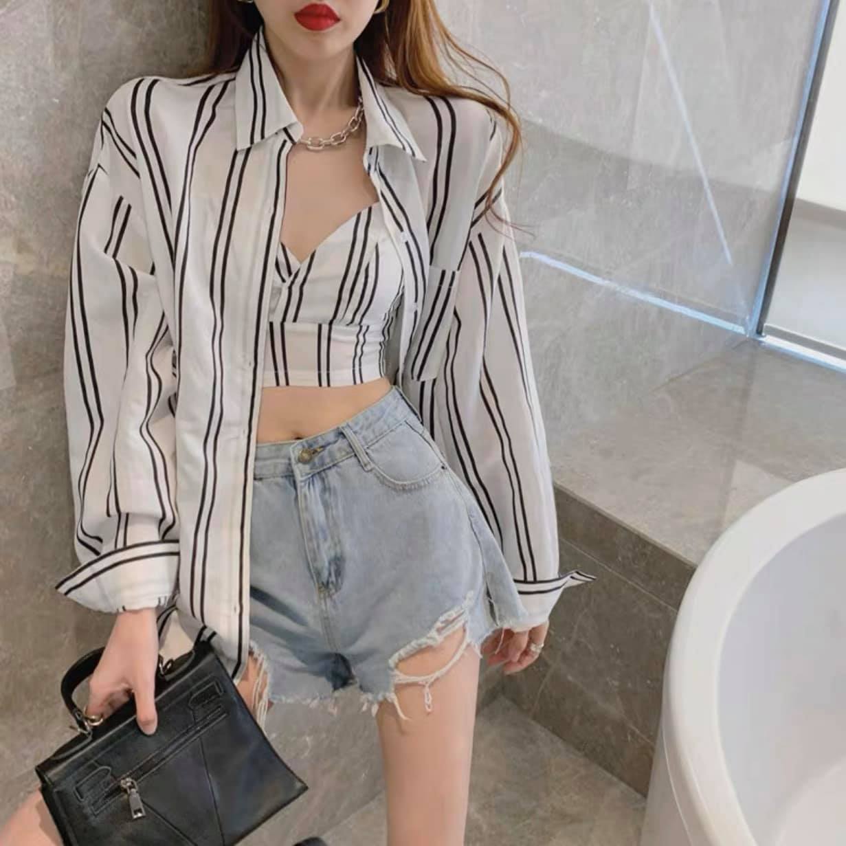 Sét áo sơ mi kẻ sọc kèm áo 2 dây, áo sơ mi kẻ, áo sơ mi from rộng, áo sơ mi unisex, áo sơ mi kèm áo ngưc, áo sơ mi kẻ sọc, áo sơ mi tay bồng, áo nữ phong cách hàn quốc, LEVERMART, áo sơ mi ulzzang, áo sơ mi vintage
