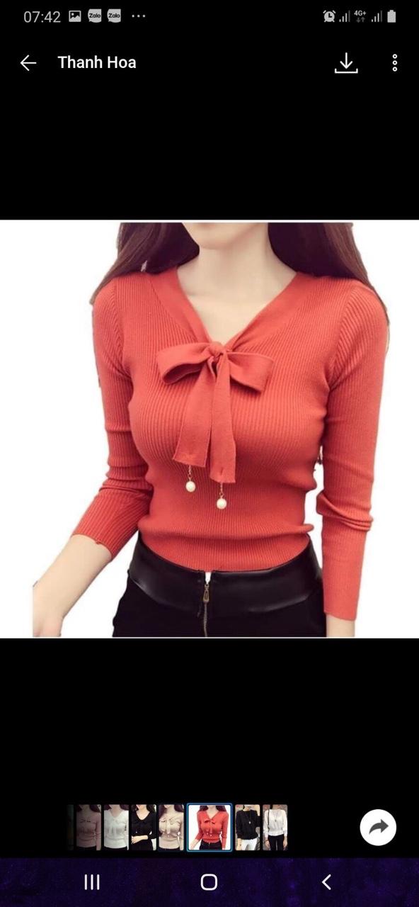 Áo Thun Gân Tay Dài Kết Hợp Dây Thắc Nơ Cổ Kiểu Đính Châu Tiểu Thư TTSL0235