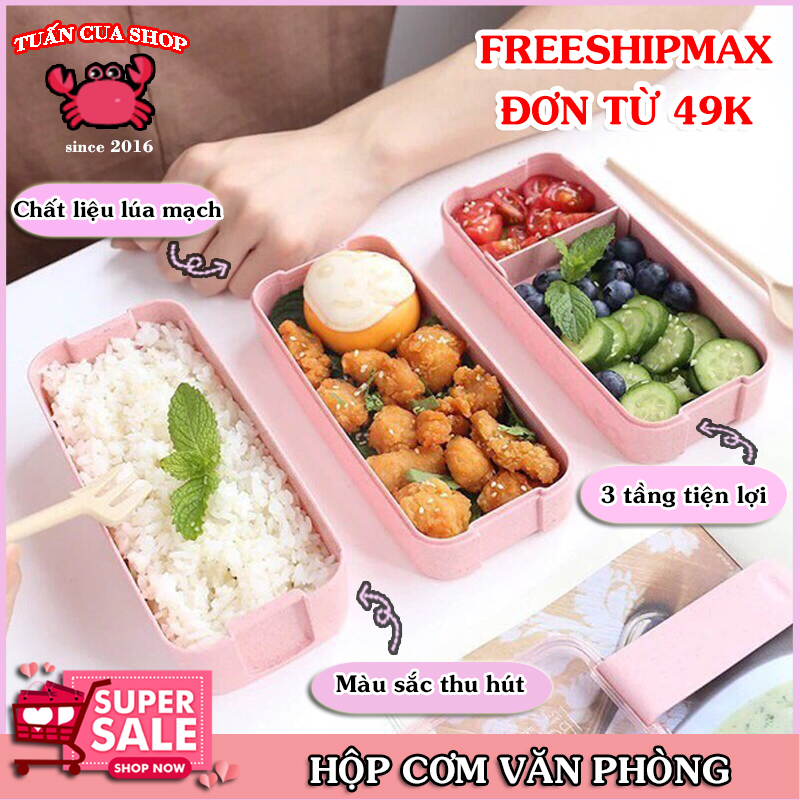 Hộp cơm lúa mạch Lunch Box 3 tầng hình chữ nhật 900ml tặng kèm dĩa, thìa cao cấp, hộp cơm văn phòng, hộp đựng cơm ăn trưa 3 tầng, nhiều màu, tuancua