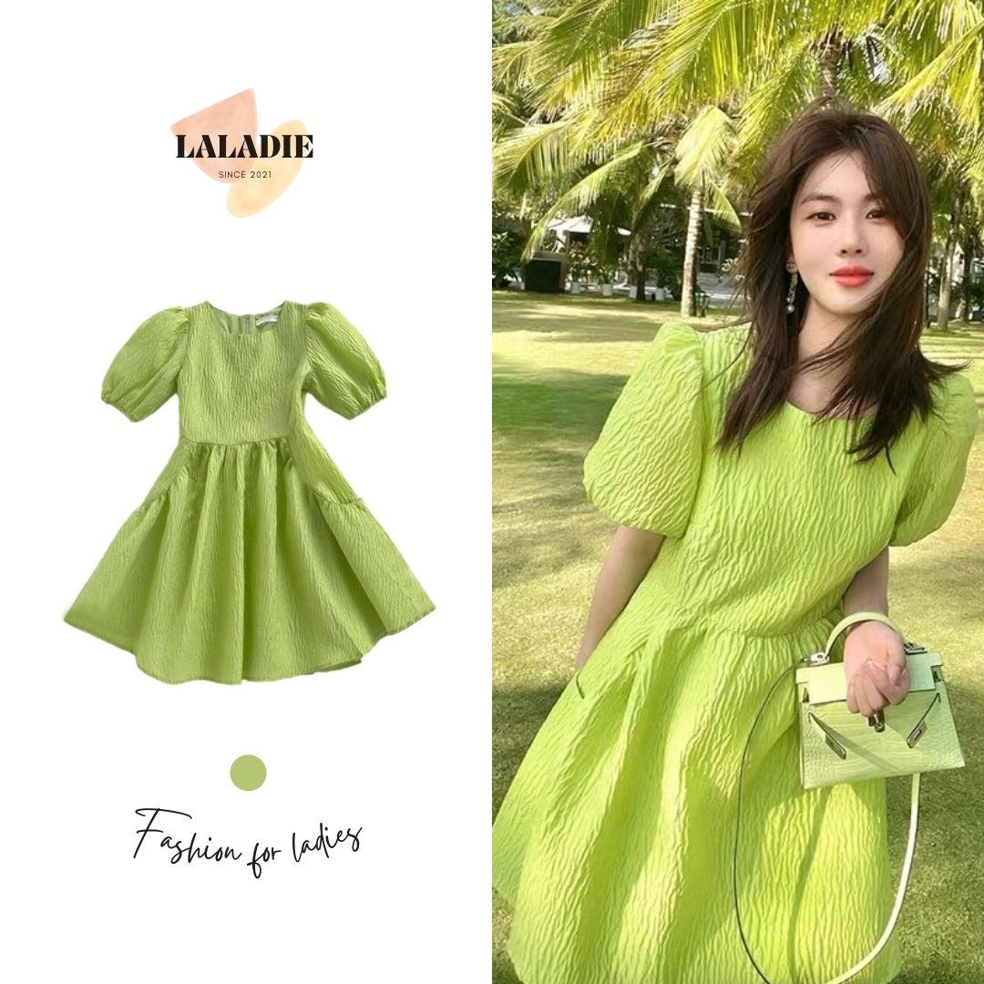 Váy xốp laladie tay bồng xanh cốm phong cách tiểu thư dành cho nữ v16
