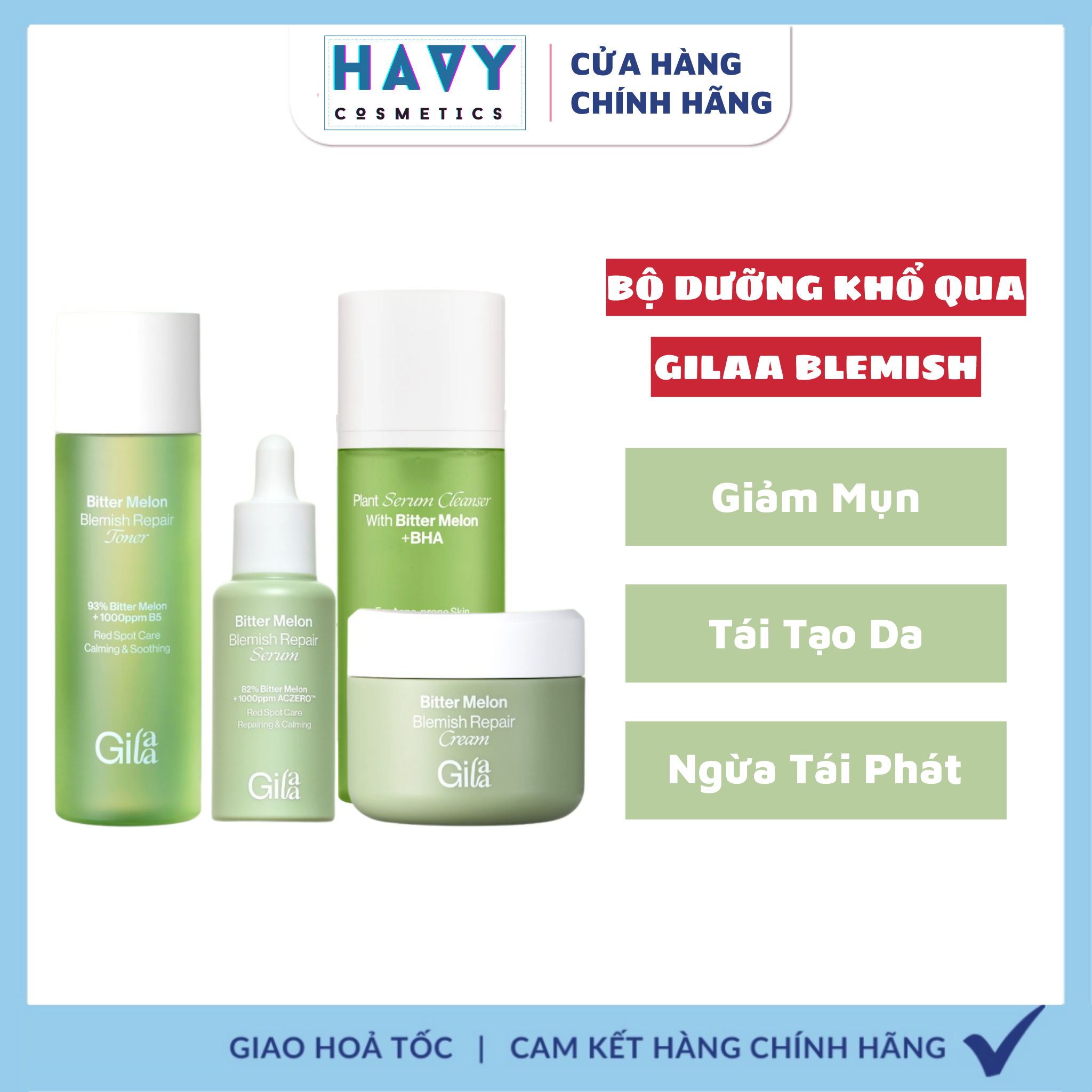 Bộ 4 Sản Phẩm làm sạch, giảm mụn, ngừa thâm & ngăn ngừa mụn tái phát GILAA BITTER MELON BLEMISH REPAIR