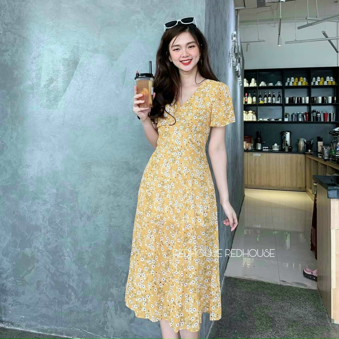 [HCM]Đầm hoa nhí tay loe cổ V xẻ tà #damhoanhi