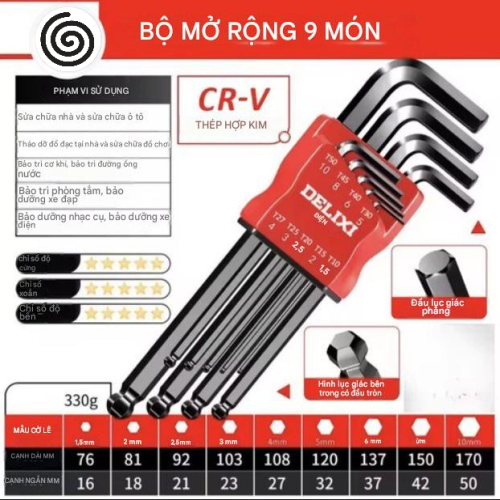 Bộ cờ lê lục giác đầu bi 9 món gồm các kích thước t10 t15 t20 t25 t27 t30 t40 t45 t50