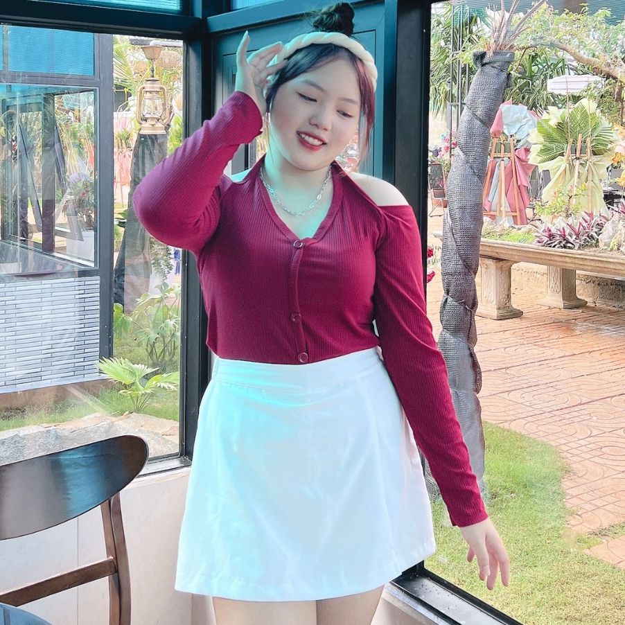 Áo thun gân bigsize 58-90kg nữ tay dài thiết kế nút kiểu cổ yếm cột dây hở lưng sexy g22