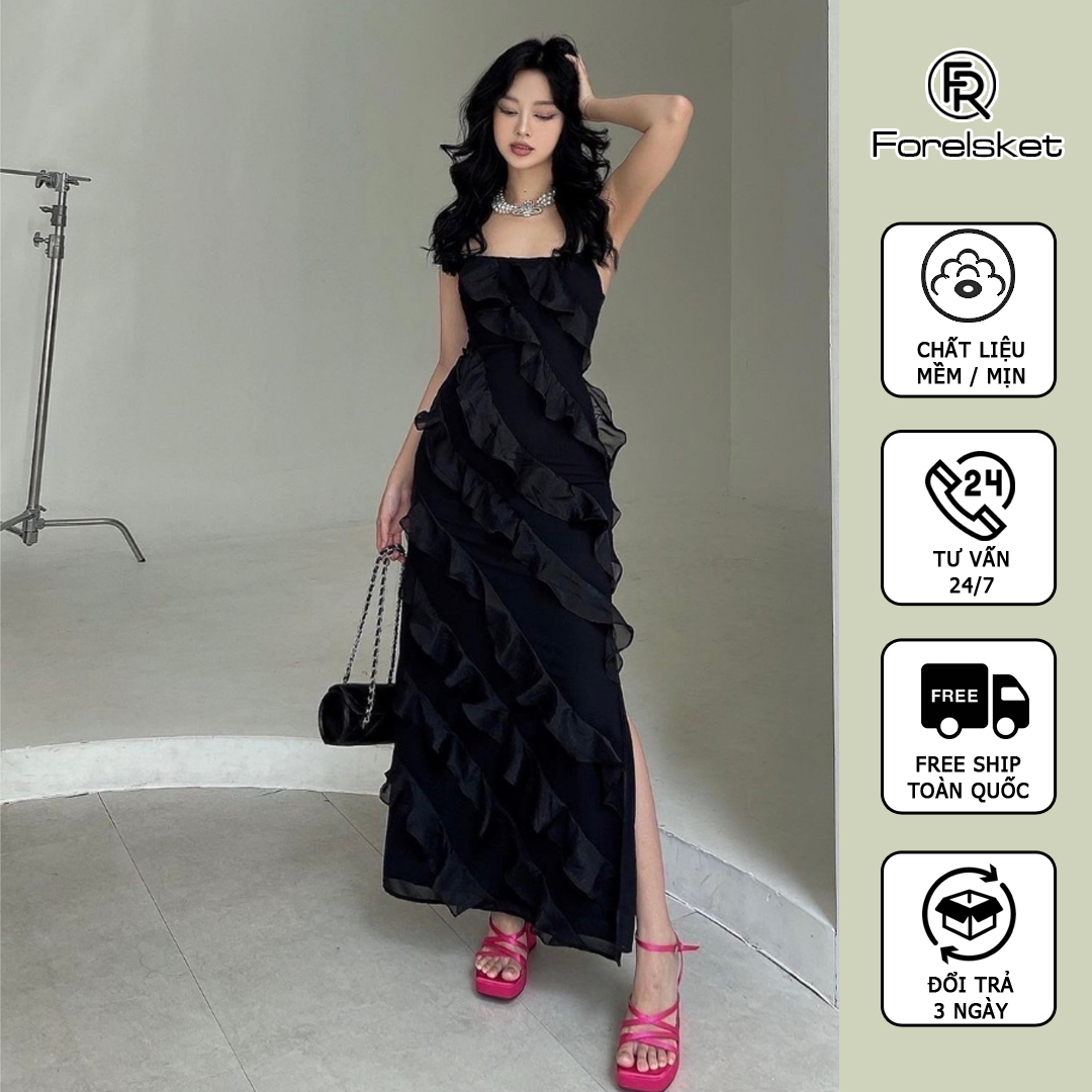 Đầm đen hai dây bèo tầng dự tiệc forel