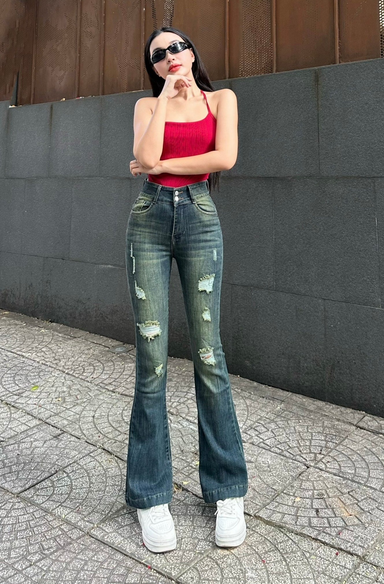Quần jeans nữ ống loe dài lưng cao co giãn thời trang