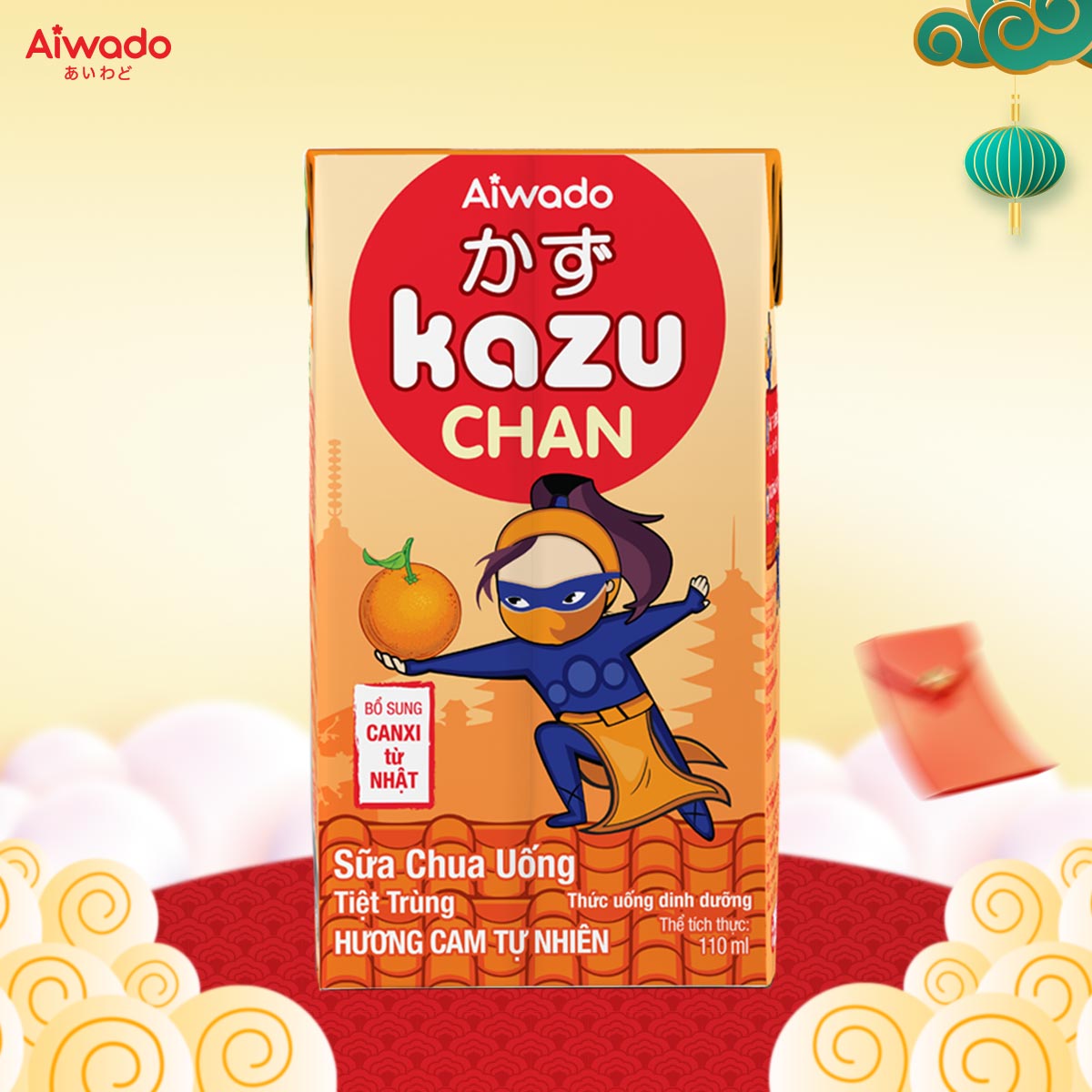 Sữa chua uống Aiwado Kazu Chan -  hương Cam tự nhiên (Thùng 48 hộp 110ml) - Tinh tuý dưỡng chất Nhật Bản