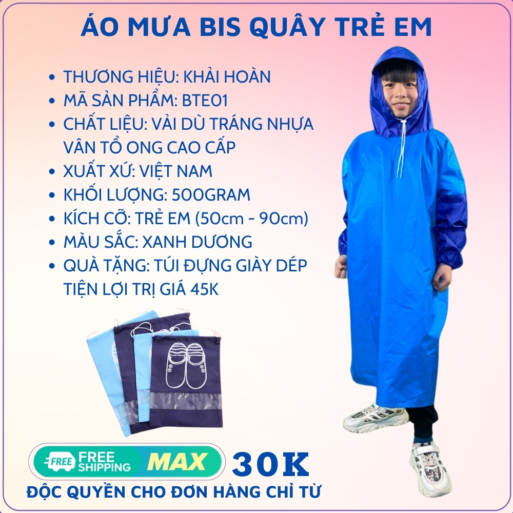 Áo mưa Bis quây trẻ em vải dù tráng nhựa cao cấp Khải Hoàn - Áo mưa quây trẻ em, áo mưa trẻ em, đồ dùng đi mưa - Tặng ủng đi mưa hoặc túi đựng giày tiện lợi - BTE01 - ÁO MƯA KHẢI HOÀN