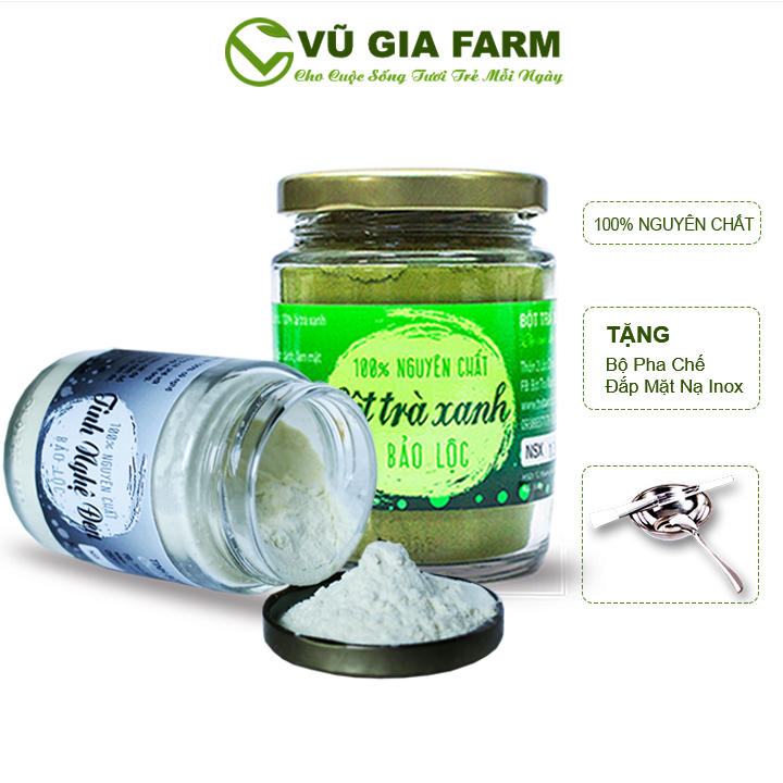 Combo Tinh Nghệ Đen + Bột Trà Xanh - Nguyên Chất Vũ Gia 100g/hũ + Tặng Bộ đắp mặt nạ inox - Dưỡng da mặt sạch nhờn, tẩy tế bào chết, se khít lỗ chân lông