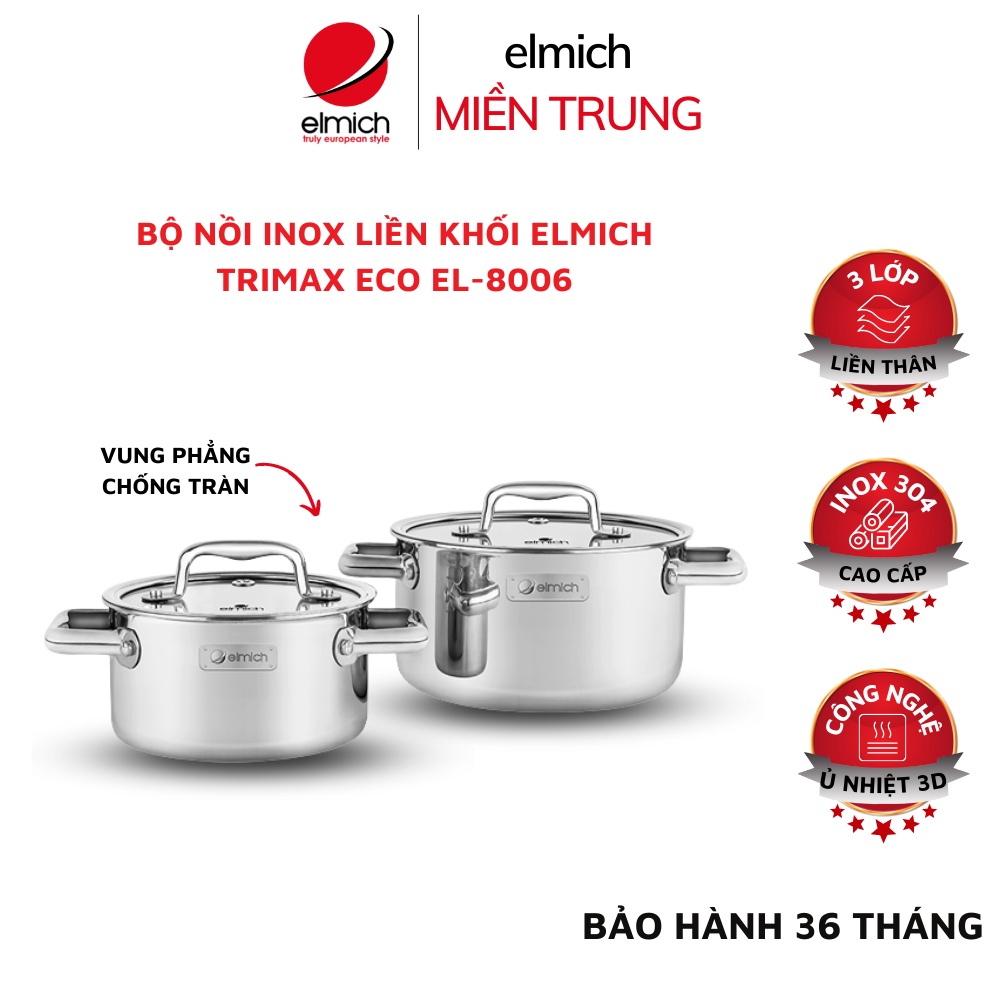 Bộ nồi inox Elmich ⚡ CAM KẾT  ⚡ Bộ Nồi Inox Liền Khối Elmich Trimax ECO EL-8006 Size 16, 20cm