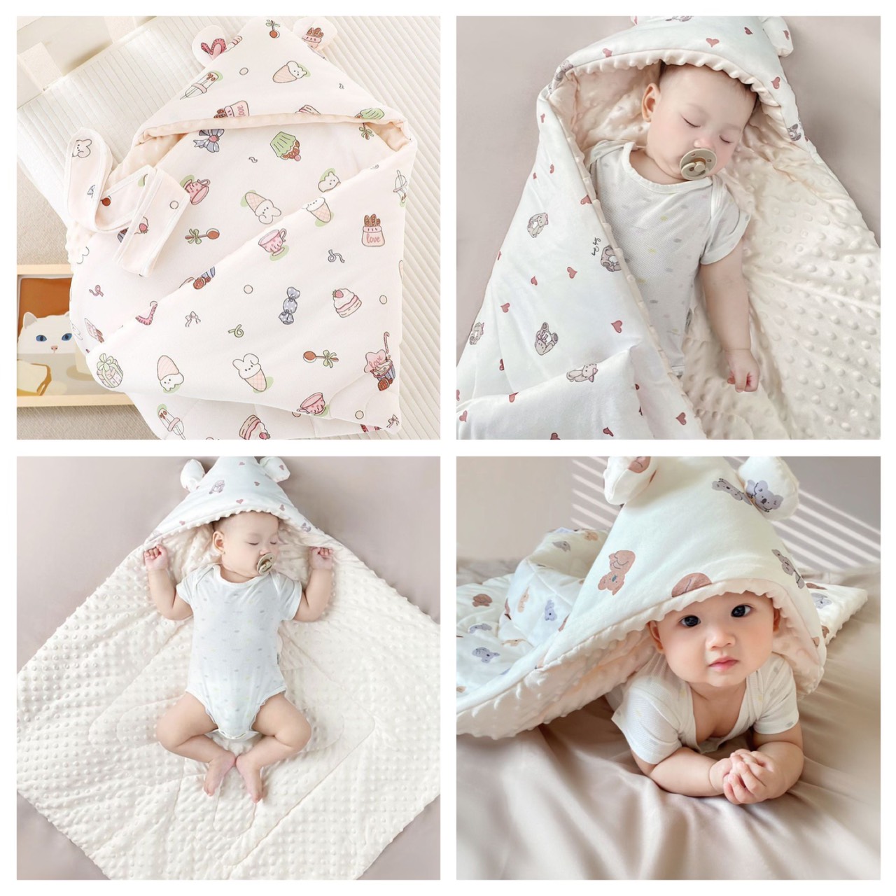 Chăn ủ chần bông 2 lớp molli cho bé - kt 90-90cm