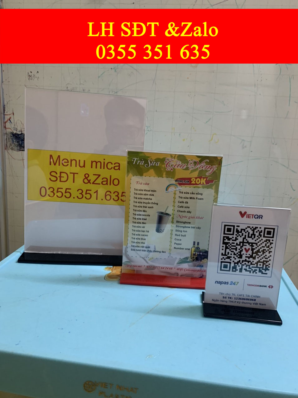 Menu mica kích thước a4, a5, a6 kệ menu đế lùa trong suốt 2 mặt, menu standee tentcard qr quảng cáo để bàn