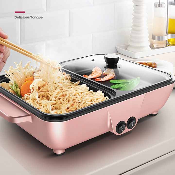 [HCM]Bếp Lẩu Nướng Điện Mini 2 Ngăn Chống Dính Đa Chức Năng