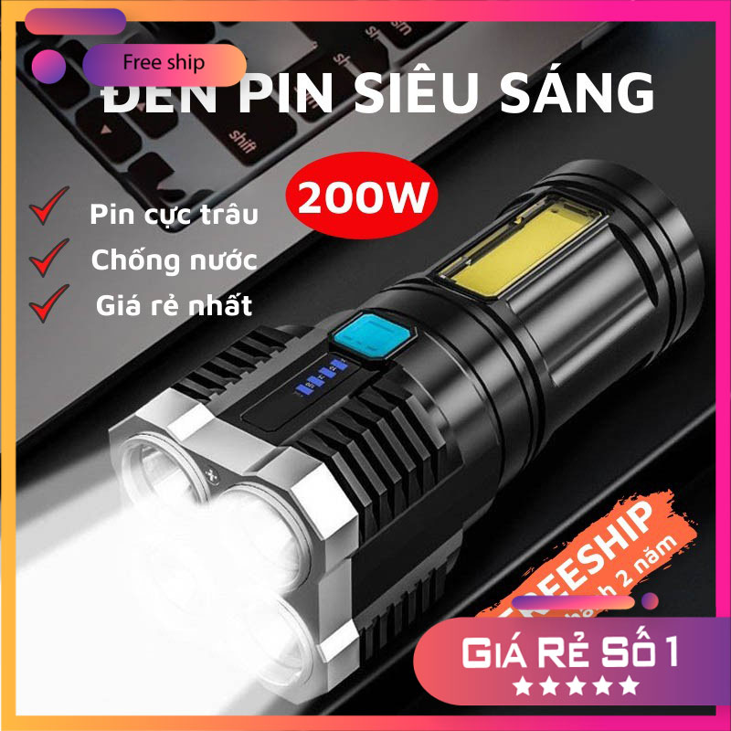 Đèn pin mini led 4 bóng- đèn pin siêu sáng cầm tay 4 chế độ sáng - đèn pin sạc 4 led l19 đa năng cầm tay