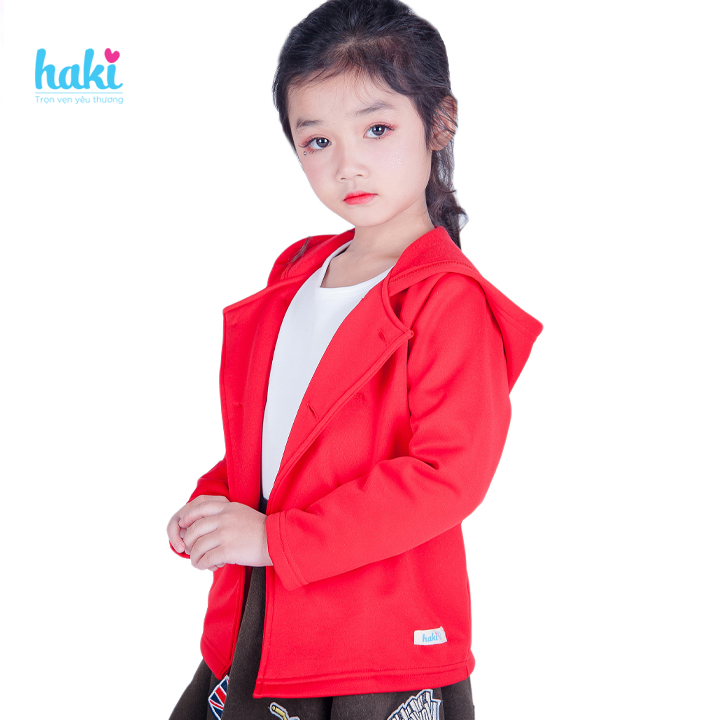 Áo khoác cho bé gái màu đỏ kèm mũ xinh yêu, áo khoác thời trang chất liệu nỉ bông cao cấp, hàng xuất khẩu HAKI HK029 (10-26kg); áo khoác bé gái