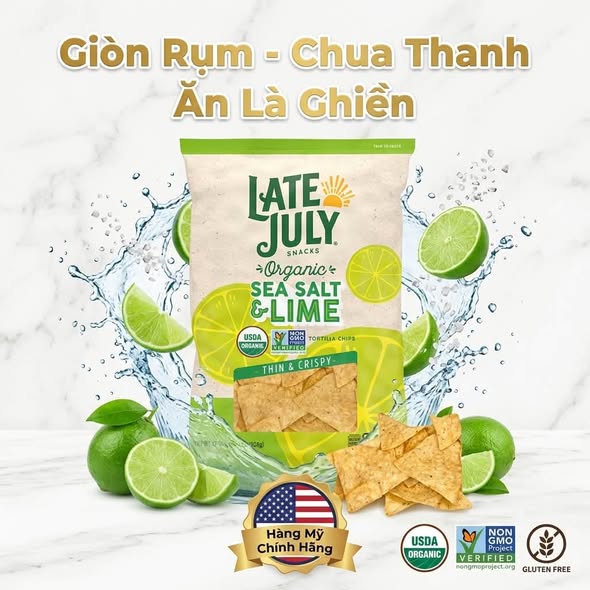 (U.S.A)Snack Bắp Hữu Cơ Vị Muối Biển & Chanh Late July 624g