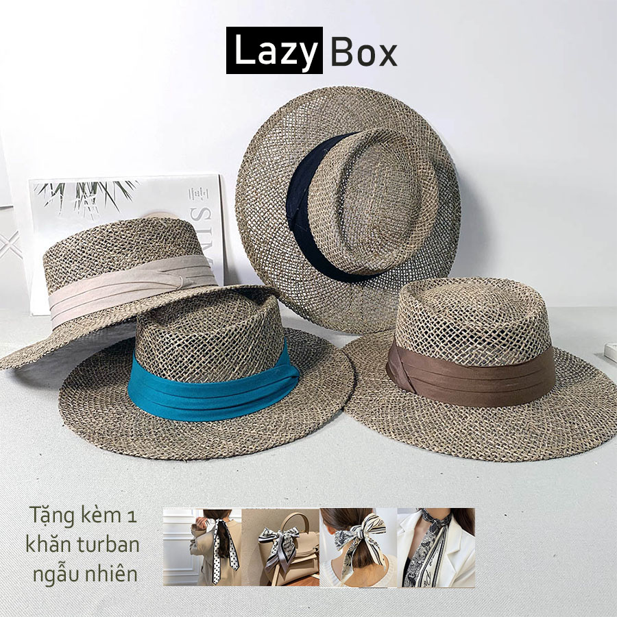 Mũ cói nón cói đi biển dáng porkpie chất liệu cỏ xanh