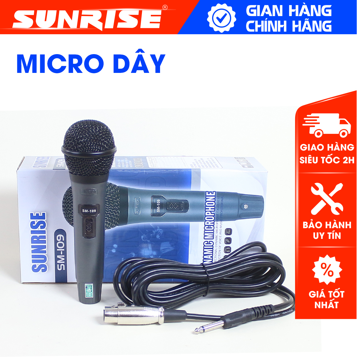Micro karaoke có dây chính hãng Sunrise SM-109 hát nhẹ, bắt giọng hay, mic kèm dây zin dài 4m, chất lượng nhôm bền bỉ, sang trọng - SUNRISE MUSICS