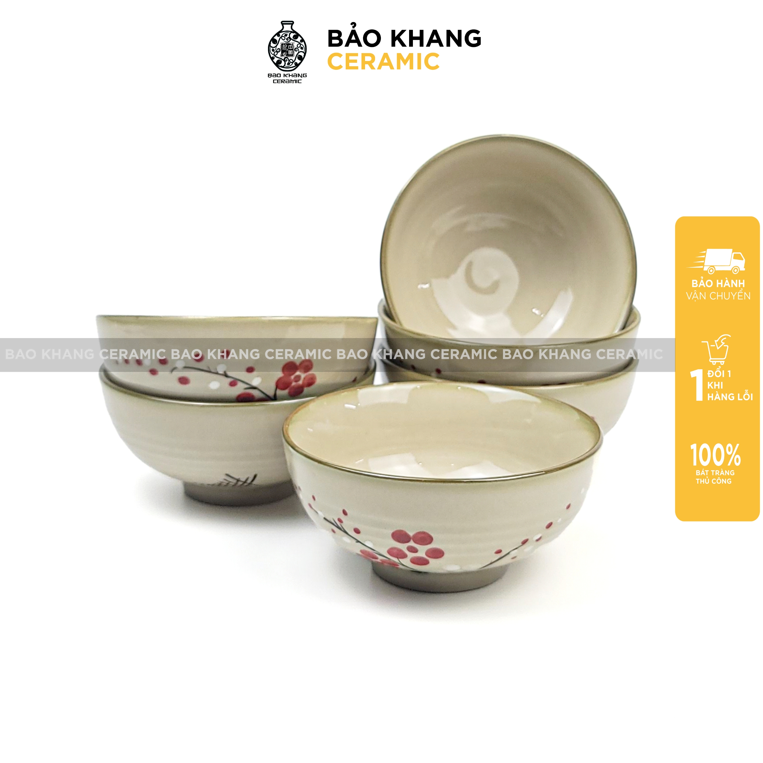 Bát cơm sứ men cổ hoa đào đỏ vẽ tay miệng loe bát ăn cơm tô sứ bát tràng cao cấp