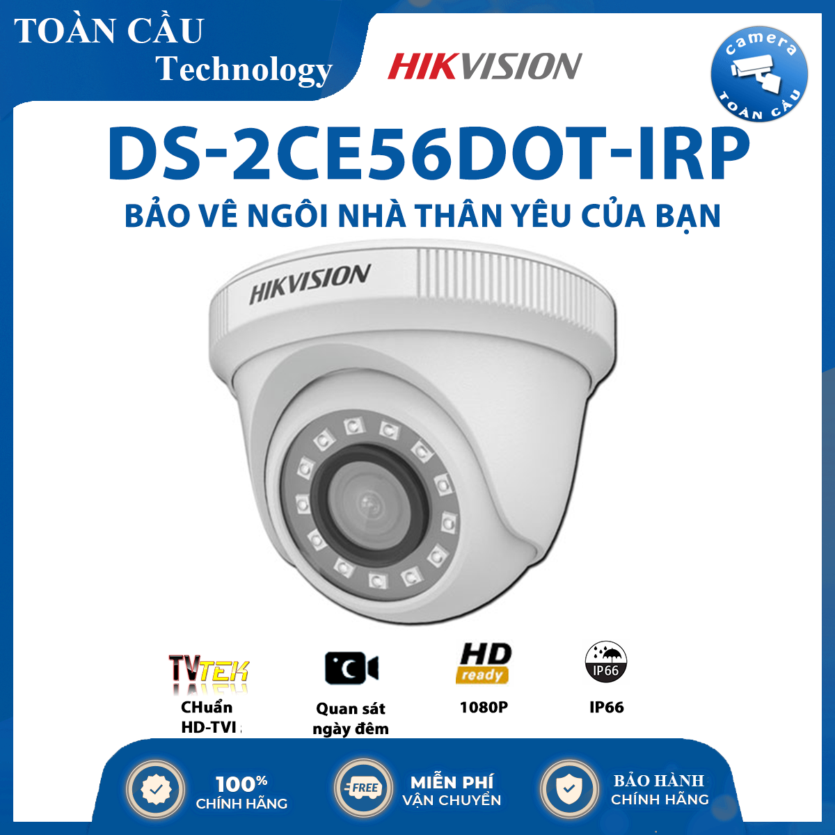 Camera hồng ngoại thông minh hd-tvi hikvision ds-2ce56d0t-irp hồng ngoại 20m 2mp hd1080p, cảm biến cmos 2mp - camera toàn cầu