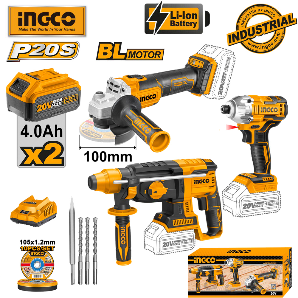 Bộ combo máy khoan đục bê tông crhli20228 , máy mài góc cagli201008, máy siết vít cirli2017 brushless dùng pin ingco 20v