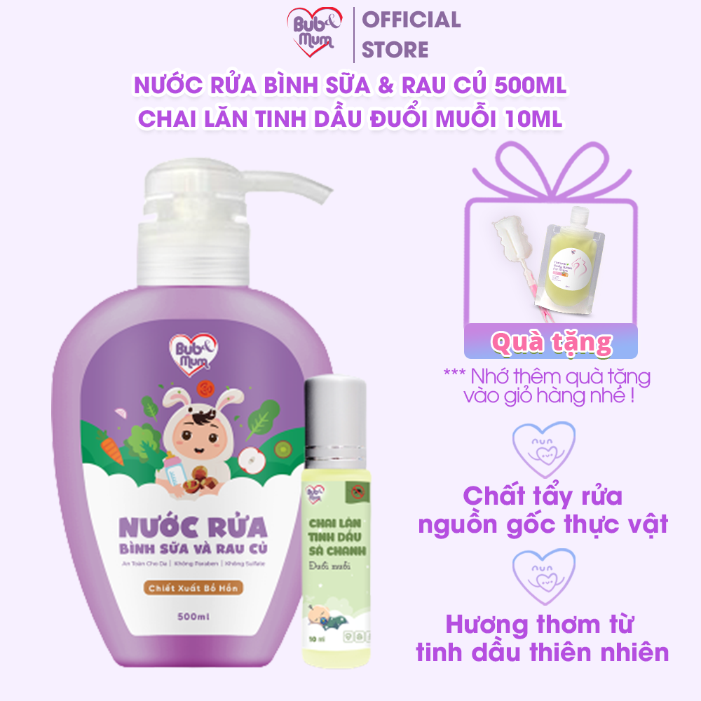 Combo Nước rửa bình sữa và rau củ quả cho bé chiết xuất Bồ Hòn 500ml và Chai lăn tinh dầu đuổi muỗi cho bé Sả chanh 10ml - BuB&MuM