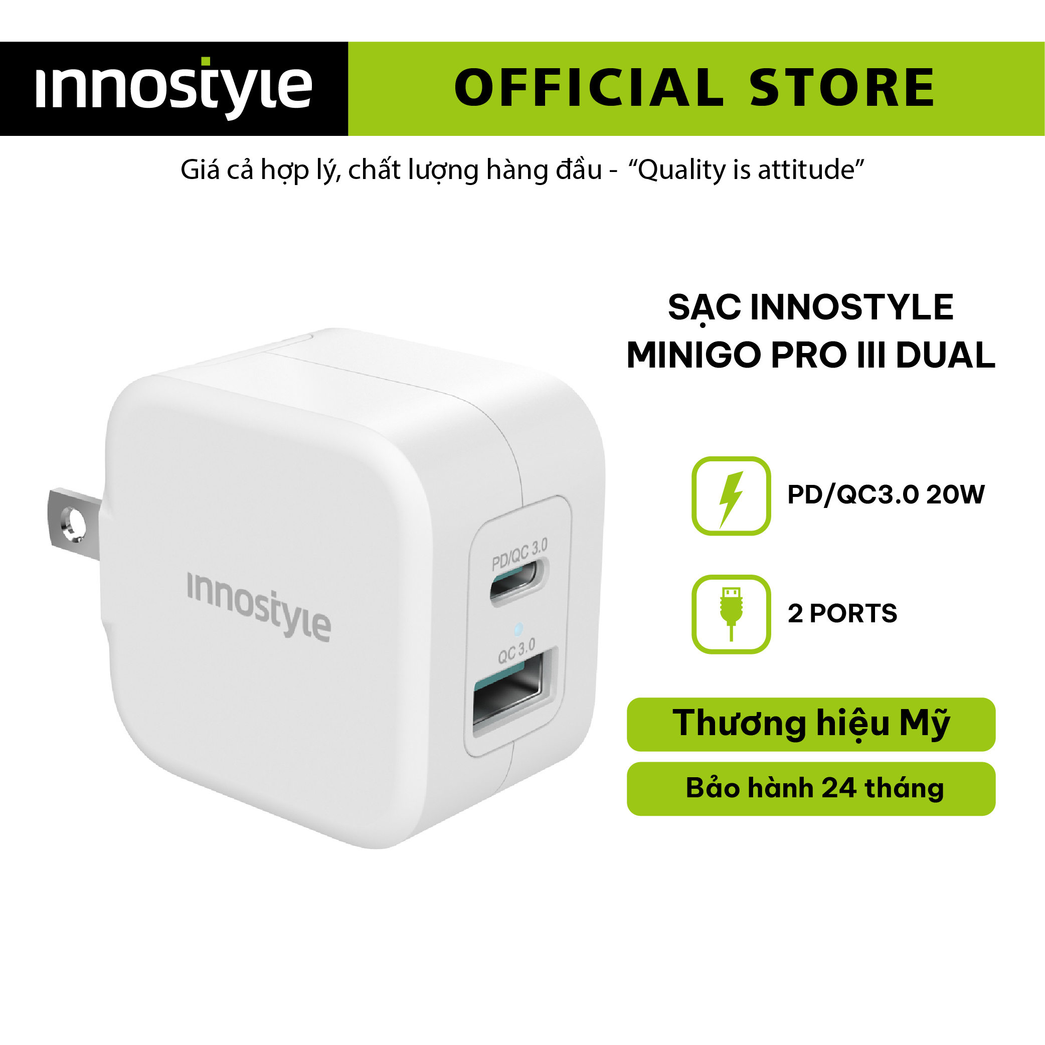 Củ sạc nhanh 2 cổng innostyle minigo pro iii dual thiết kế nhỏ gọn an toàn tiết kiệm không gian