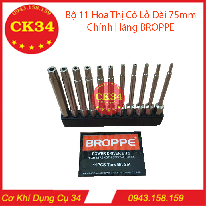 Bộ 11 hoa thị có lỗ, lục giác bông dài 75mm cho máy khoan, bắn vít hãng broppe chuôi lục giác