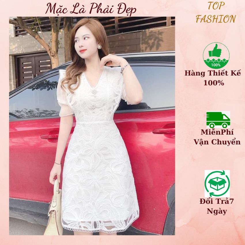 Đầm dự tiệc sang trọng kèm tag đá TOPFASHION, Váy ren trắng thiết kế cao cấp phù hợp đi dự tiệc, nổi bật