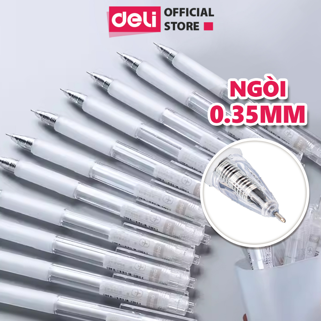 Bút bi nước bút gel bút mực bấm văn phòng Deli mực đen ngòi 0.35mm học sinh mực đều, ngòi nhỏ có ruột thay thế - A122