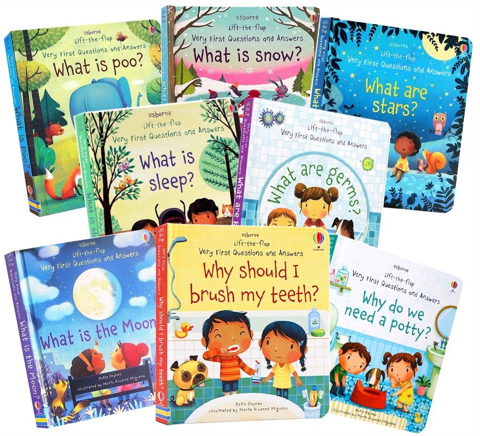 Sách tương tác tiếng Anh lật mở Usborne Lift-the-flap Very First Questions and Answers | What Is The Moon , What are germs , What is poo