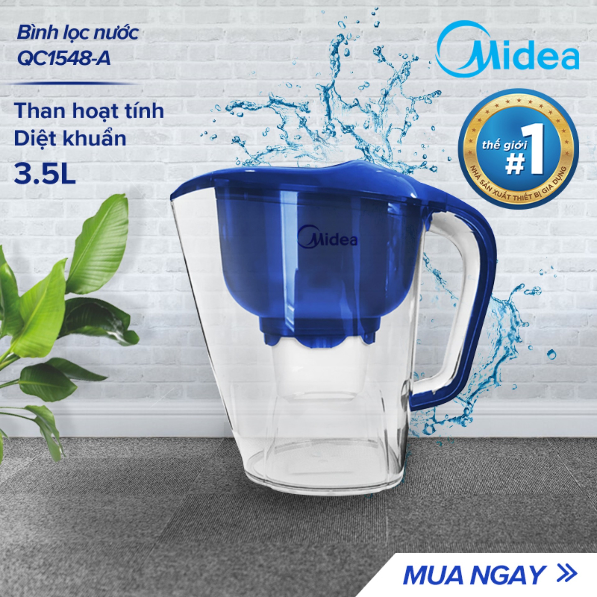 [ SIÊU SALE ] Bình Lọc Nước, Ca Lọc Nước Midea QC1548-A (3.5 Lít, Tiện Dụng, Không Sử Dụng Điện)- Lọc Được Nước Máy, Không Cần Đun Sôi, Loại Bỏ Tạp Chất, Tuổi Thọ Lọc Nước Cao, Chất Liệu Cao Cấp, An Toàn, Dễ Chùi Rửa.