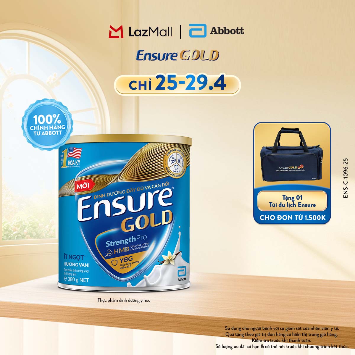 [CHỈ 25-29.04 QUÀ TẶNG CHO ĐH 1500K-SLCH] Lon sữa bột Ensure Gold hương vani ít ngọt 380g