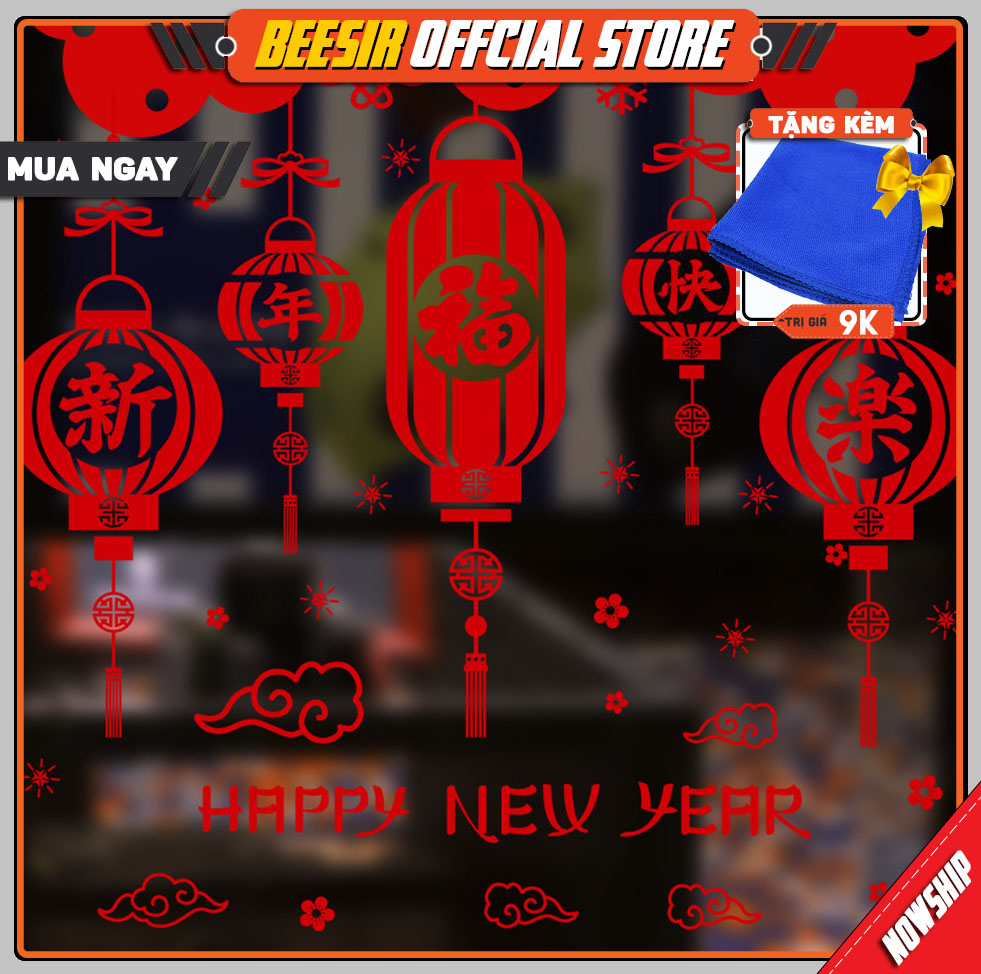 [Kèm Quà Tặng] Tranh Decal Dán Kính Trang Trí Tết Nguyên Đán Mừng Năm Mới Happy New Year 02