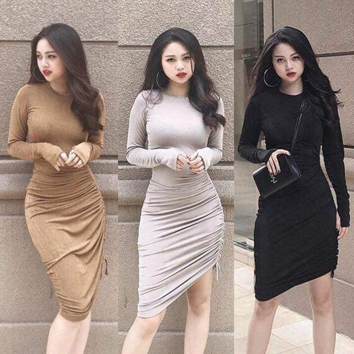 Đầm body tay dài thời trang XIXO cao cấp - chất thun gân chính phẩm dày dặn co giãn không bai xù