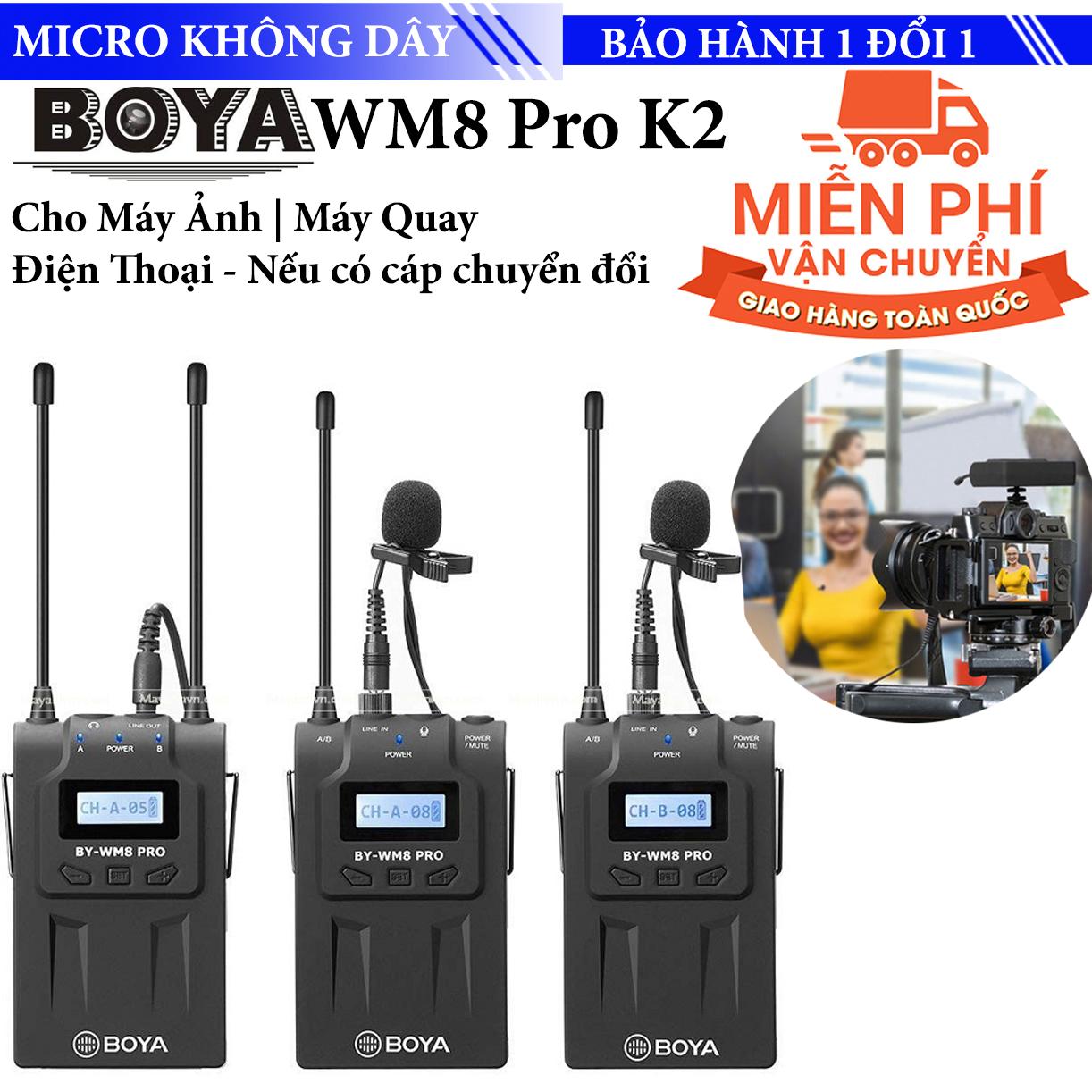 Microphone Thu âm quay phỏng vấn video vlog không dây sử dụng sóng UHF BoyA WM8 Pro K2 - 1 đầu thu 2 đầu phát ghi âm 2 kênh riêng biệt Cho máy ảnh - Máy Quay - Điện Thoại