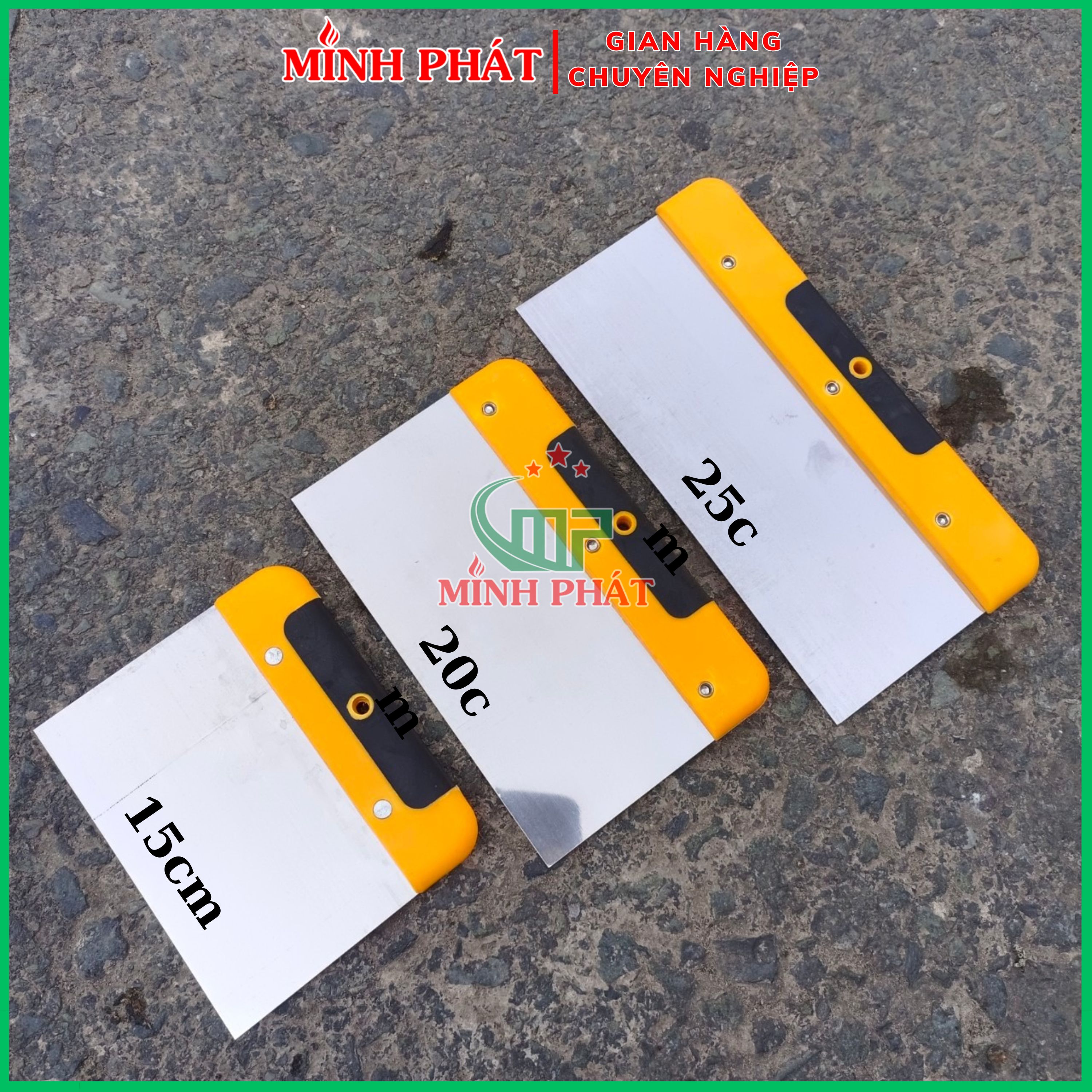 Miếng thép trét bột sơn nước tay cầm nhựa vàng đen,thép trét đủ kích thước 14.8cm 19.7cm 24.7cm
