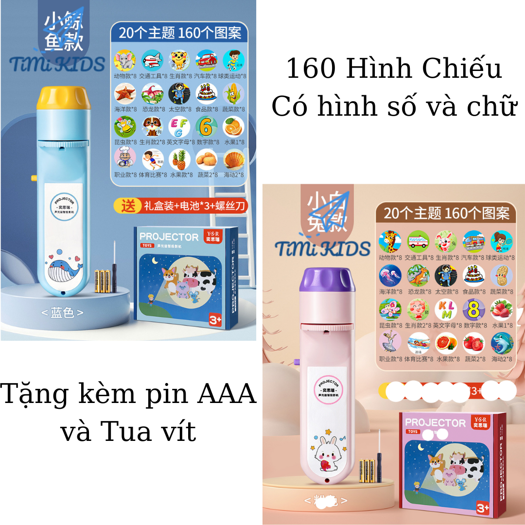 Đèn pin chiếu hình FULL HỘP 160 HÌNH CHIẾU TẶNG PIN chủ đề động vật, chữ và số cho bé thoả thích khám phá