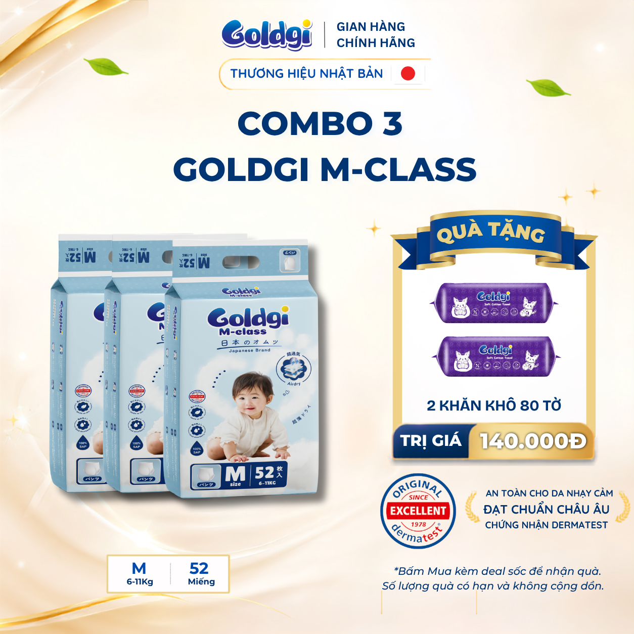 COMBO 3 Bỉm quần Goldgi M-class mỏng nhẹ, siêu khô thoáng hạ nhiệt cho mùa hè đủ size chính hãng