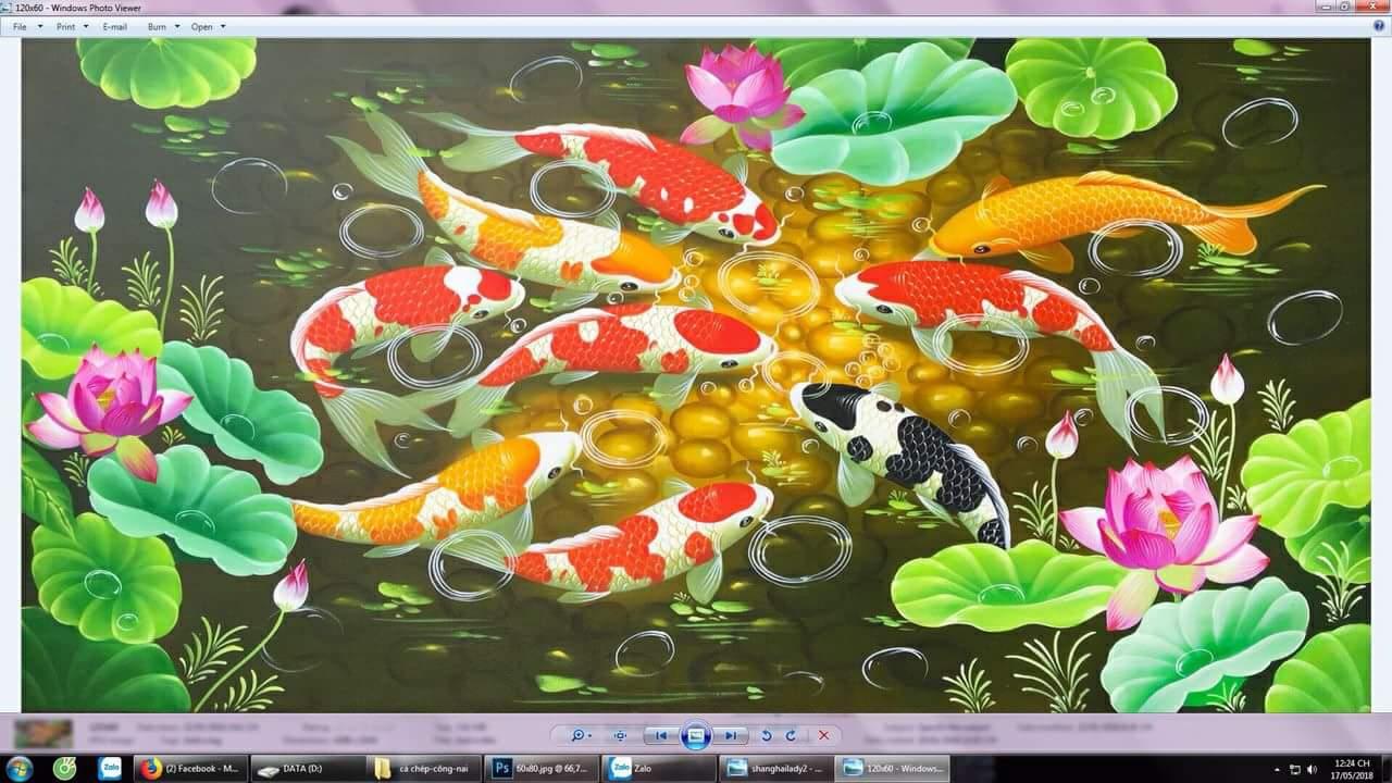 Tranh in canvas cá hoa sen 60x120 kèm khung viền