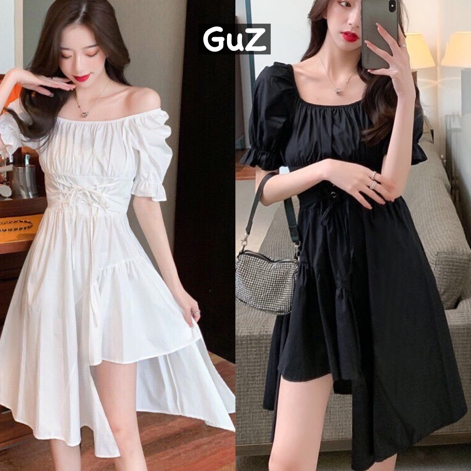 Đầm trễ vai lệch tầng chiết eo dáng suông đen trắng/ Váy suông cổ vuông lệch tầng buộc eo guzfshion