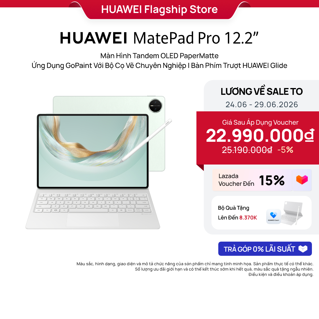 Máy tính bảng HUAWEI Matepad Pro 12.2" 2025 | Màn Hình Tandem OLED PaperMatte | Ứng Dụng GoPaint Với Bộ Cọ Vẽ Chuyên Nghiệp | Bàn Phím Trượt HUAWEI Glide