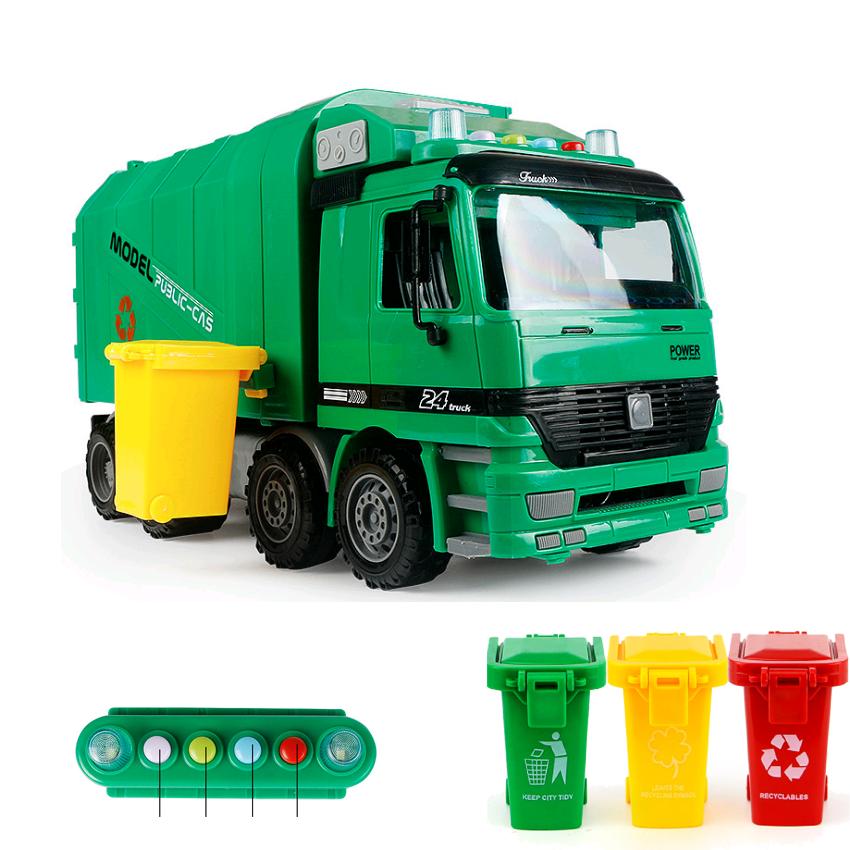 Xe ô tô chở rác đồ chơi trẻ em màu xanh cỡ lớn, xe có âm thanh và đèn kèm 3 thùng rác mini