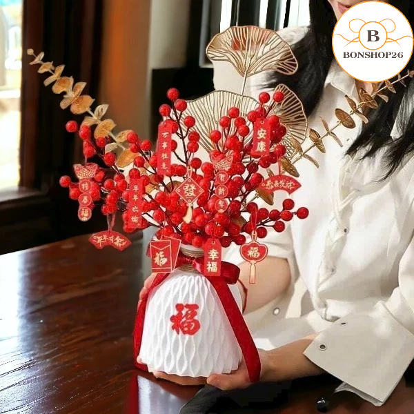Set bình hoa đào đông đỏ trang trí tết